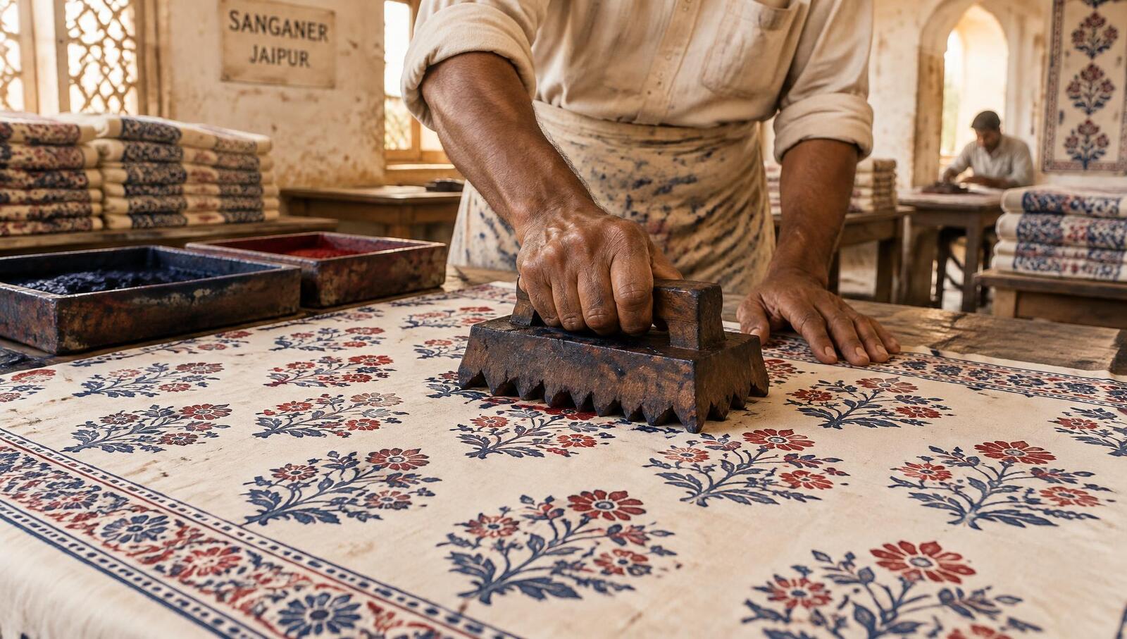 Artisan hand block printing in Sanganer